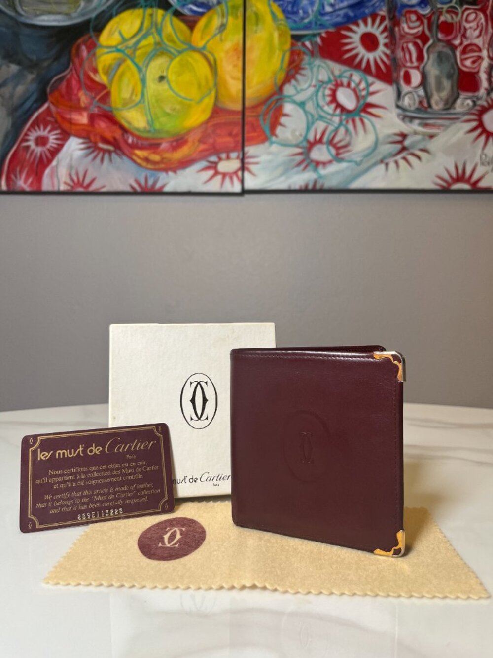 Must de Cartier Burgundy Leather Bifold Wallet Full Inclusion